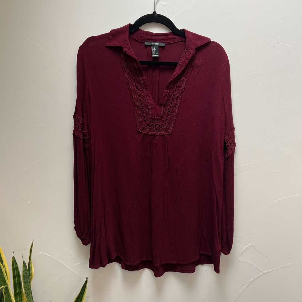 Forever 21 Burgundy Long Sleeve V Neck Shift Dress